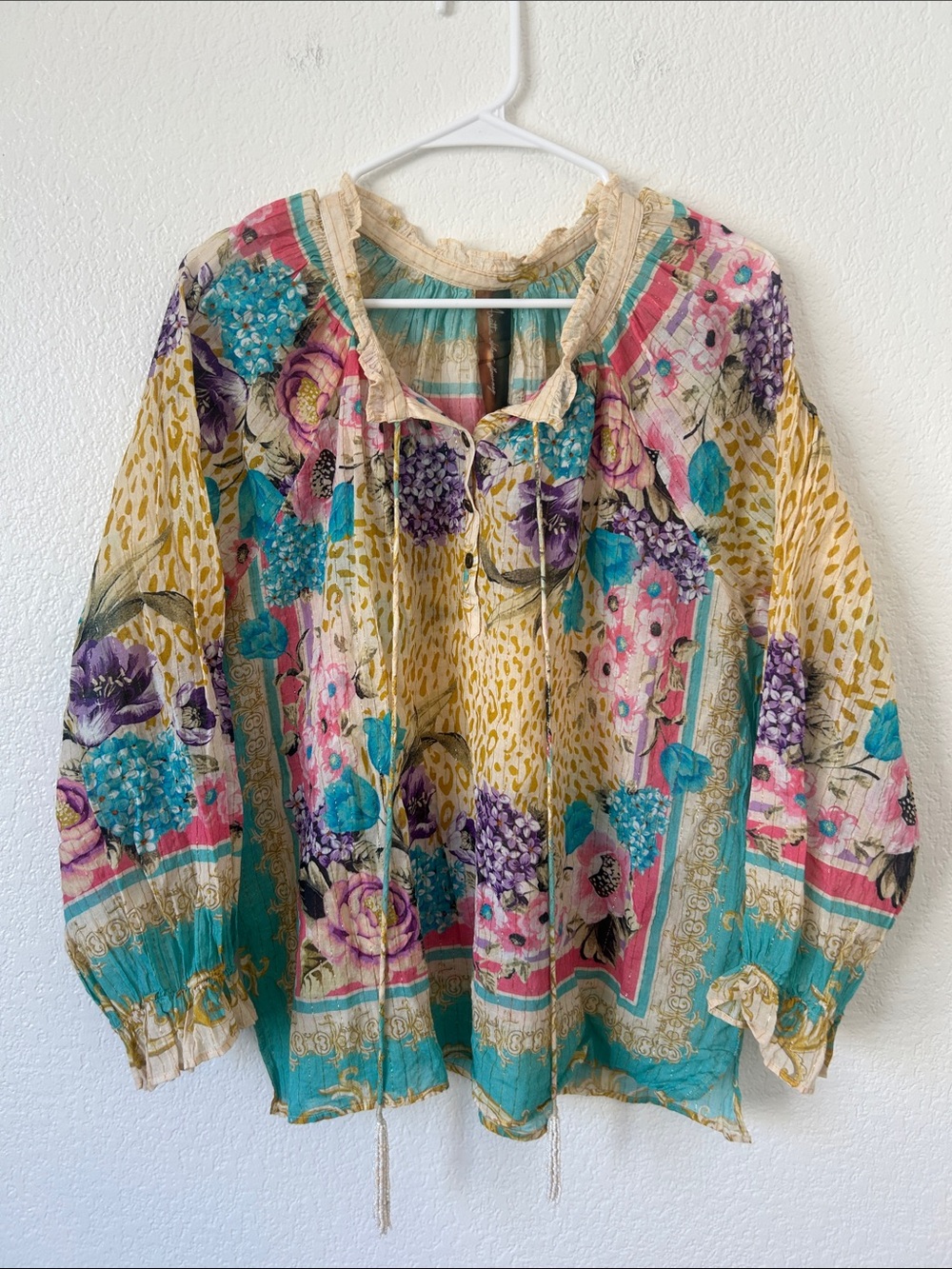 Boho Floral Patchwork Peasant Blouse in Teal, Yellow & Pink